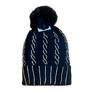Boutique Black Cable Knit Ribbed Beanie with Pom Pom Silver Sequins One Size NWT